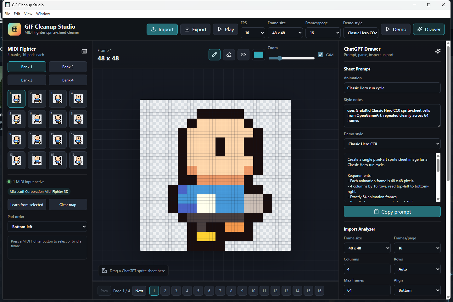 GIF Cleanup Studio Windows app with the Classic Hero pixel frame open in the editor